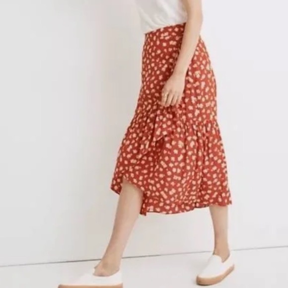 Madewell Happy Hibiscus Ruffle Faux Wrap Midi Skirt, Size 6 - Picture 1 of 12